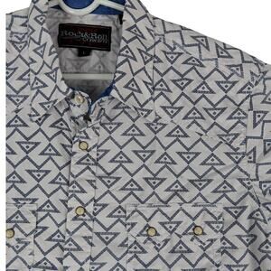 Rock & Roll Cowboy Shirt Mens Large White/Blue Geometric Snaps Western Cowboy